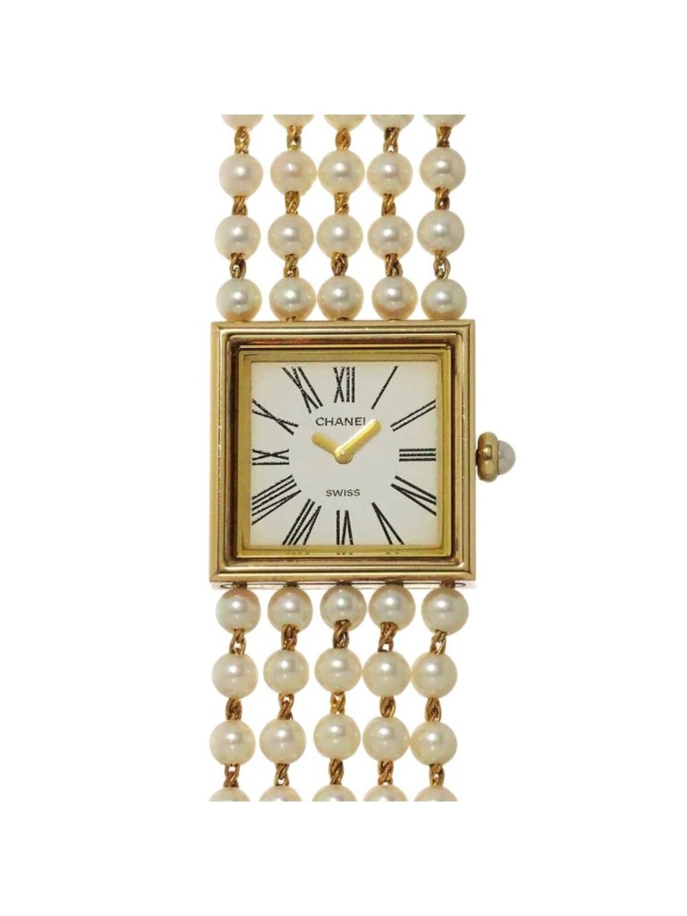 Chanel Mademoiselle Pearl Bracelet L Watch White 18K Yellow Gold Quartz